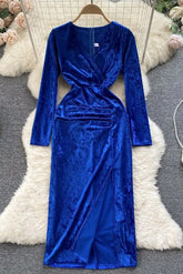 Robe longue en velours rétro à col en V et fente haute, élégante robe de soirée